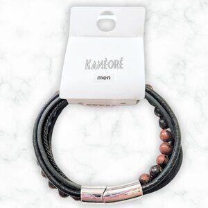 NWT Kanèoré Men's 5 Strand Leather Cord Cuff Bracelet with Red Jasper Beads